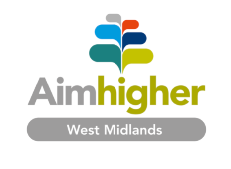 Aimhigher West Midlands logo featuring interlocking speech bubbles in greyscale