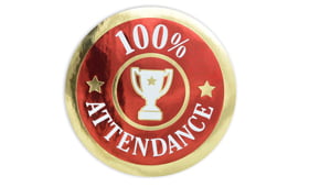 Red and gold 100% attendance badge with trophy symbol