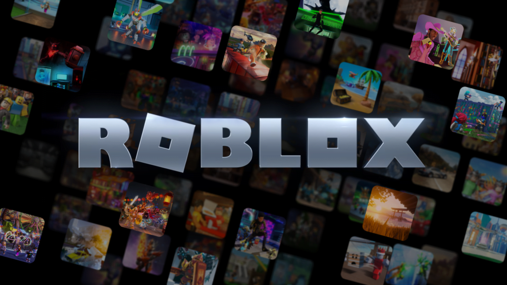 Roblox logo with various game thumbnails in the background, representing online gaming platforms.