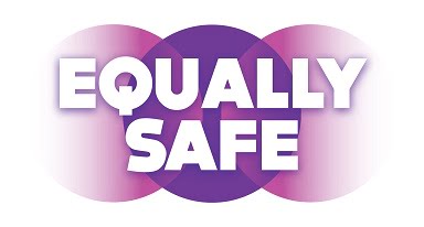 Equally Safe logo featuring bold white text over purple and pink circles